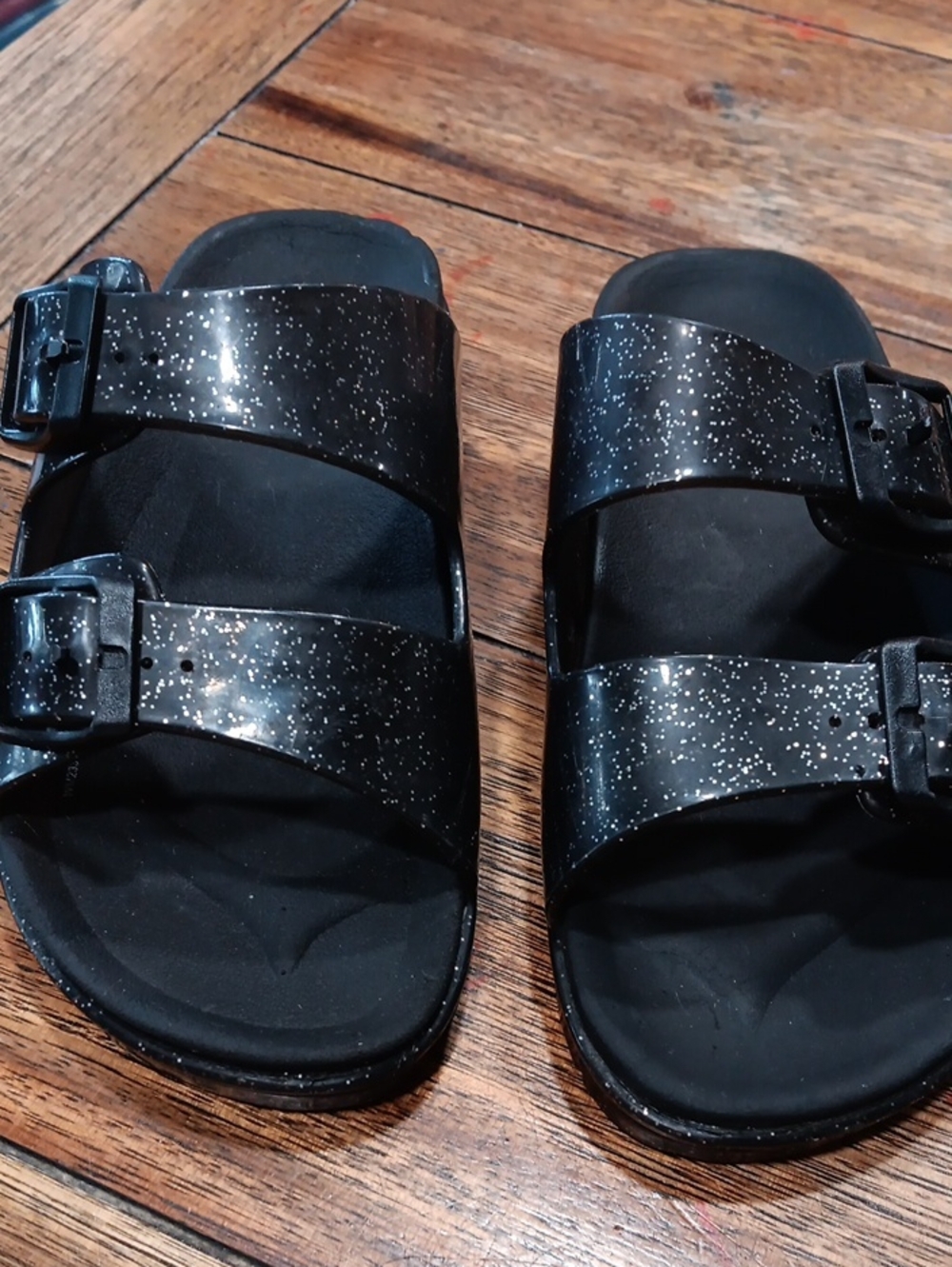 Kids Black Glitter Double-Buckle Sandals